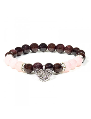 Bracelet with a heart, garnet-pink quartz