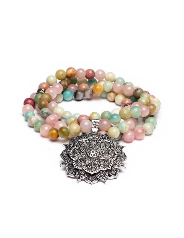 Mala pink quartz-amazonite-rhodonite+lotus