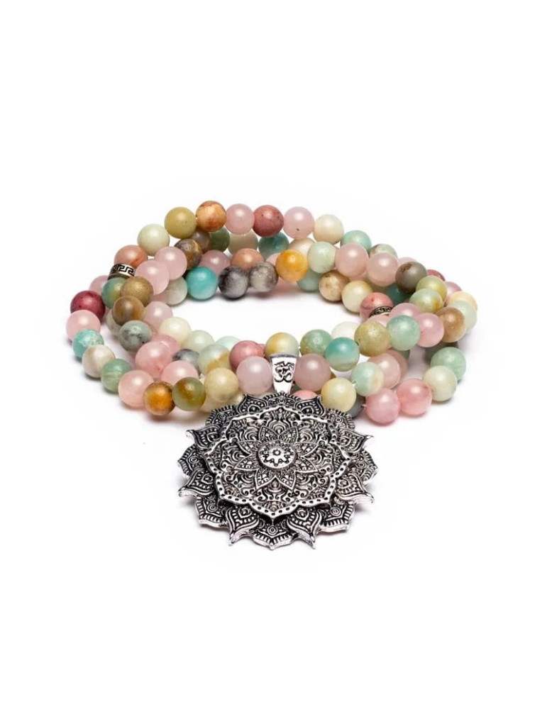 Mala pink quartz-amazonite-rhodonite+lotus