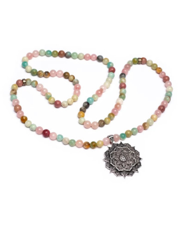 Mala pink quartz-amazonite-rhodonite+lotus 2