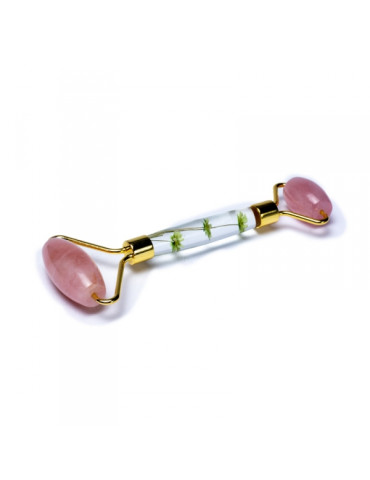 Massage roller rose quartz with yellow flowers