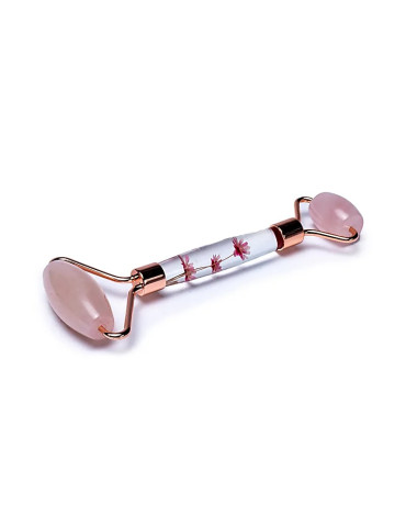 Massage roller rose quartz with pink flowers