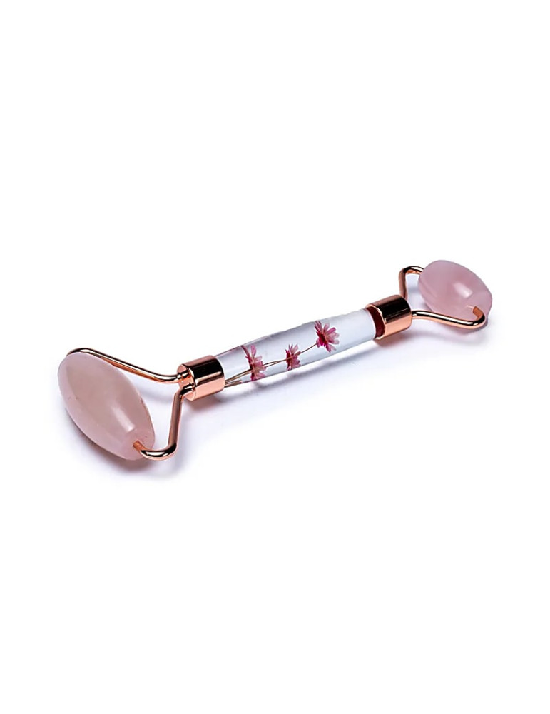 Massage roller rose quartz with pink flowers