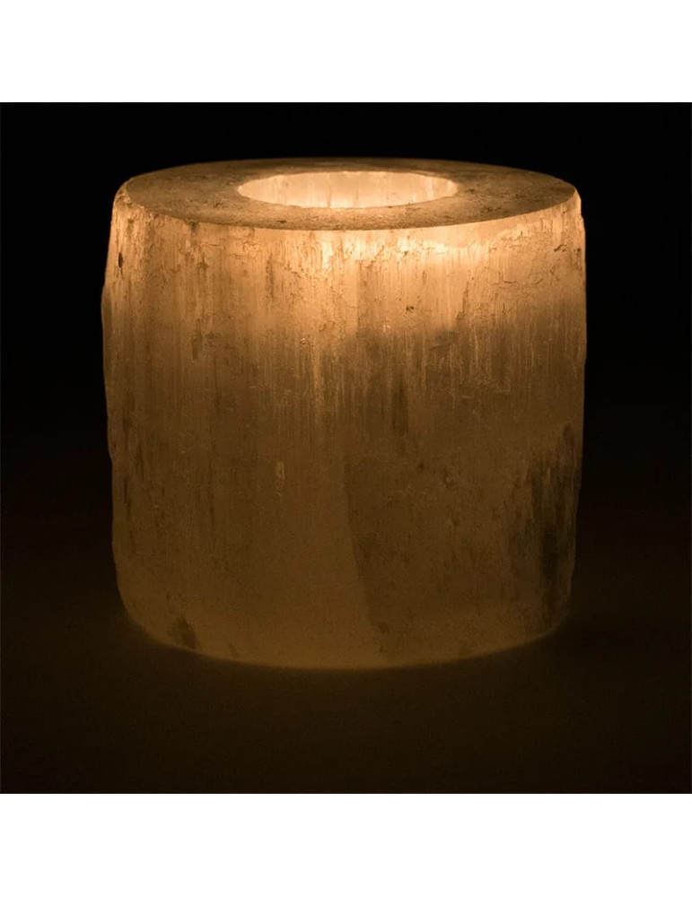 Selenite cylindrical tea light base 8x8cm