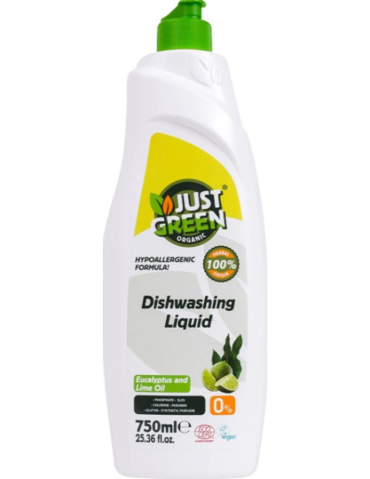 Just Green Organic käsinõudepesuvahend eukalüpti- ja laimiõliga 750 ml